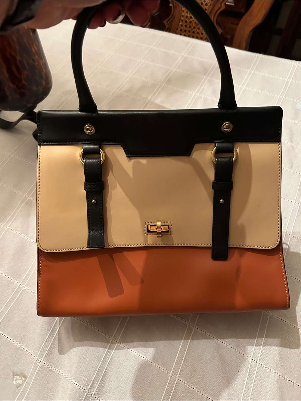 Cognac, Black & Beige Genuine Leather Bag - Made in Italy
